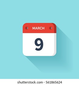 March 9. Isometric Calendar Icon With Shadow.Vector Illustration,Flat Style.Month and Date.Sunday,Monday,Tuesday,Wednesday,Thursday,Friday,Saturday.Week,Weekend,Red Letter Day. Holidays 2017.