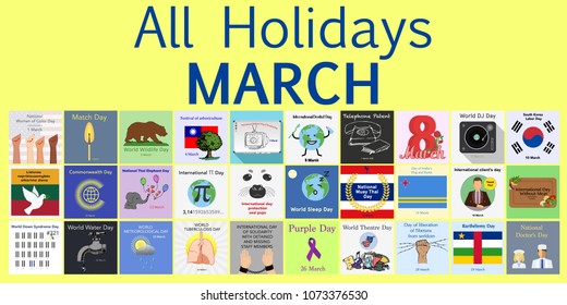 March. All Holidays greeting cards. Vector Template Pack. 