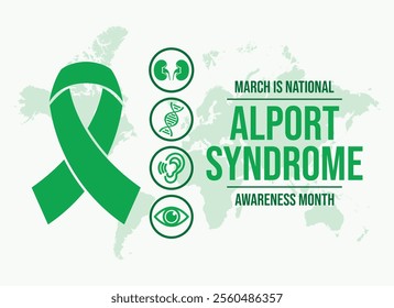 March is Alport Syndrome Awareness Month poster vector illustration. Green awareness ribbon, genetic condition, kidney disease, hearing, sight icon set vector. Template for background, banner, card