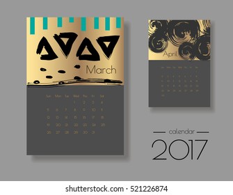 March and April 2017 vector calendar. Creative image on a gold foil background. Can be used as printed or screen image.