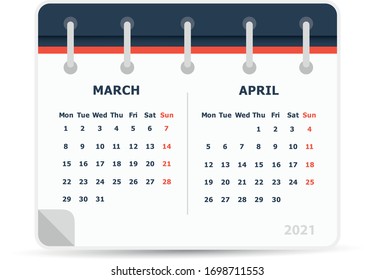 March April  2021 - Calendar Icon - Double Calendar - Week starts monday. Calendar design template. 