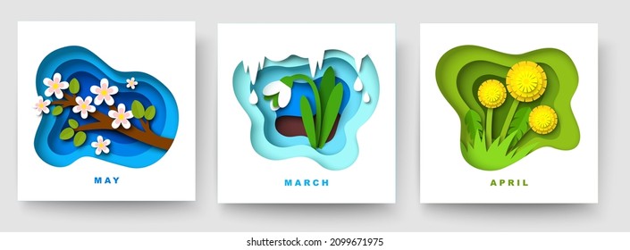 March, April and May spring month floral composition set, vector illustration in paper art style. Spring card, calendar template.