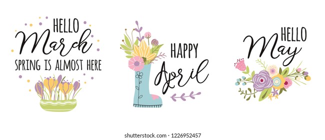 March, April, May. Typography spring quotes Cute words decorated hand drawn cute spring flowers bouquet Colorful spring set Lettering design elements for banners cards calendar Vector illustration