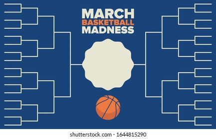 March Basketball Madness. Game Day Party. Professional team championship. Playoff grid, tournament bracket. Regular season and final game. Ball for basketball. Sport poster. Vector illustration
