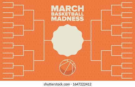 March Basketball Madness. Game Day Party. Professional team championship. Playoff grid, tournament bracket. Regular season and final game. Ball for basketball. Sport poster. Vector illustration