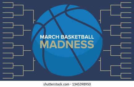 March Basketball Madness Poster. Basketball Playoff Tournament Bracket. Vector Logo And Background. Sport Design With Lettering And Game Ball