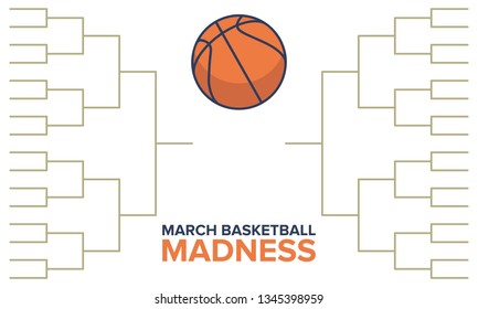 March Basketball Madness Poster. Basketball Playoff Tournament Bracket. Vector Logo And Background. Sport Design With Lettering And Game Ball