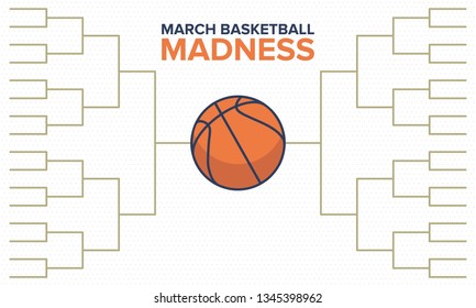 March Basketball Madness Poster. Basketball Playoff Tournament Bracket. Vector Logo And Background. Sport Design With Lettering And Game Ball