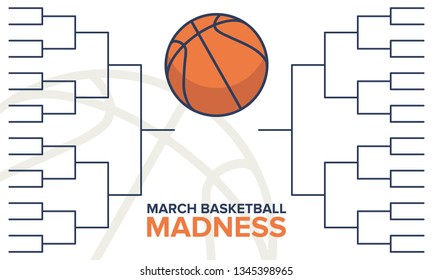 March Basketball Madness Poster. Basketball Playoff Tournament Bracket. Vector Logo And Background. Sport Design With Lettering And Game Ball