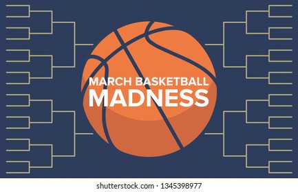 March Basketball Madness Poster. Basketball Playoff Tournament Bracket. Vector Logo And Background. Sport Design With Lettering And Game Ball