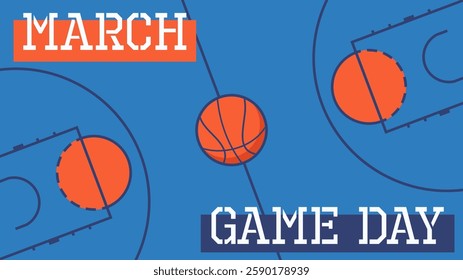 March basketball season game day. Basket ball on a blue court with lines. Vector illustration.