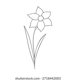 Narciso de flor de nacimiento de marzo, Vector de arte de línea, ilustración botánica en blanco y negro, boceto floral elegante, dibujo de contorno minimalista, diseño de flores monocromo dibujado a mano, estética vintage