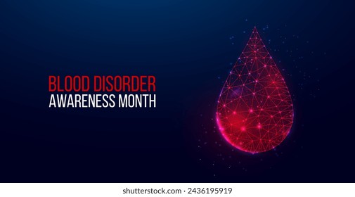 March is Bleeding Disorders Awareness Month concept. Banner with glowing low poly red blood drop on dark blue background. Vector illustration.