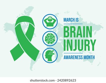 March is Brain Injury Awareness Month poster vector illustration. Green awareness ribbon, human brain and head silhouette round icon set vector. March each year