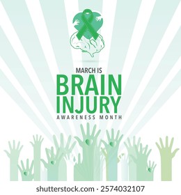 March Is Brain Injury Awareness Month. Brain and ribbon. Great for cards, banners, posters, social media and more.
