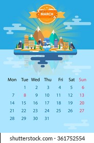March.  Calendar for 2016 in A4 format. The first day of the week - Monday. Style flat design. Set 3. Landscape of a small town on the background of nature.. Top. Stock. Illustration. Image. Vector.