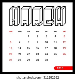 March Calendar 2016 Vector Design Template. Week Starts Sunday. vector illustration