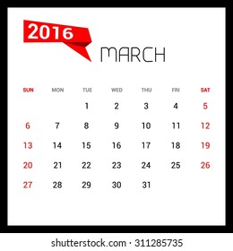 March Calendar 2016 Vector Design Template. Week Starts Sunday. vector illustration