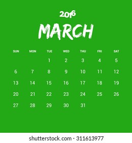March Calendar 2016 Vector Design Template. Week Starts Sunday. vector illustration