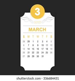 March Calendar 2016 Vector Design Template. Floral art Vintage card background. Week Starts Sunday. vector illustration