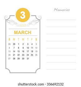March Calendar 2016 Vector Design Template. Week Starts Sunday. Event Calendar. place for notes and special text. vector illustration