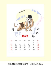  March  Calendar 2018 with  Funny Basset Hound Sketch. Hand drawn animals vector illustration