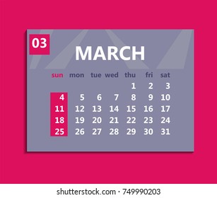 March calendar 2018. Week starts on Sunday. Business vector illustration template for one month 2018 years.