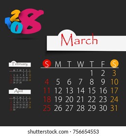March: Calendar for 2018 year, editable template poster and calendar design, vector illustration...