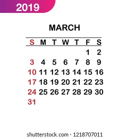 March calendar 2019, Week starts from Sunday, business template, Vector calendar