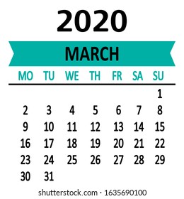 March. Calendar 2020. Third page of set. Weeks from Monday. Vector illustration