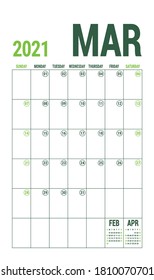 March calendar 2021. English calender template. Vector grid. Office business planning. Creative design. Olive green color