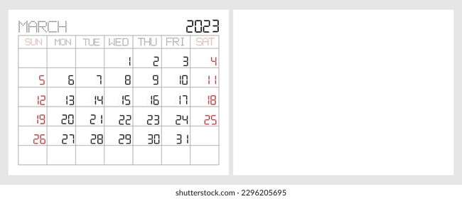 march calendar 2023 led digital dot metrix font. desktop calendar with blank back page. week start on sunday.