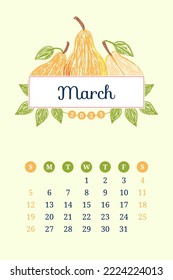 March calendar 2023. Pear fruit. Week starts on Sunday. English template