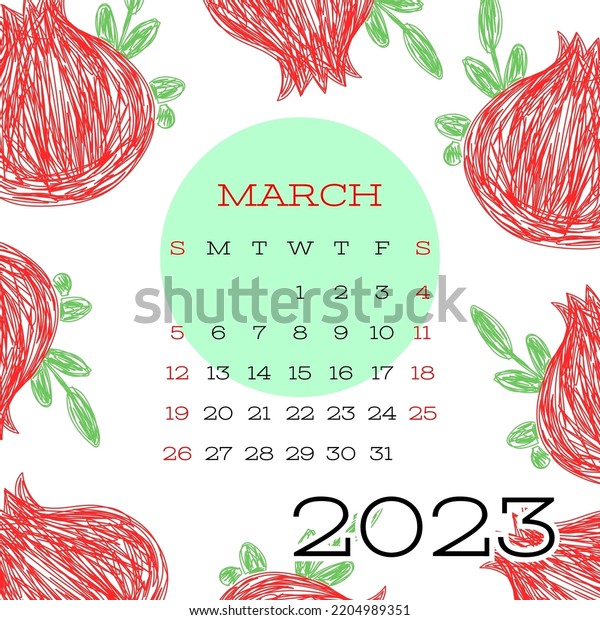 March Calendar 2023 Pomegranate Fruits Vector Stock Vector (Royalty ...