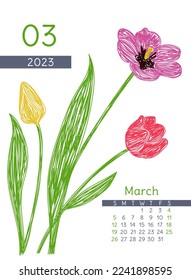 Calendario de marzo de 2023 año. Ilustración botánica del tulipán. Diseño de calénder. Dibujo manual de lápiz vectorial o dibujo de doodle de marcador. Dibujo de lápiz natural