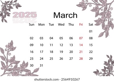 March Calendar 2025 English colorful square Calendar design 2025
