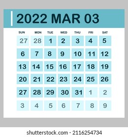 March calendar in blue tones on gray background  vector illustration