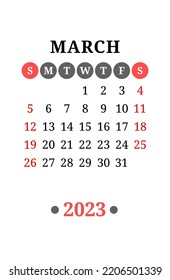 March calendar design 2023 year. English vector wall or pocket calender template. Week starts on Sunday