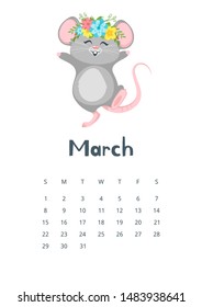 March calendar flat vector illustration. Children planner for spring 2020. Basic grid design with mascot. Organizer template with text and numbers on white background. Cute mouse in flower wreath