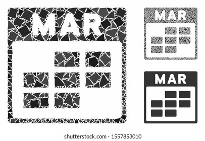 March calendar grid composition of joggly elements in variable sizes and color tints, based on March calendar grid icon. Vector uneven elements are grouped into composition.