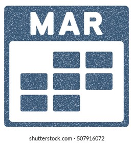 March Calendar Grid grainy textured icon for overlay watermark stamps. Flat symbol with dirty texture. Dotted vector blue ink rubber seal stamp with grunge design on a white background.
