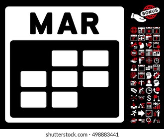 March Calendar Grid icon with bonus calendar and time management pictures. Vector illustration style is flat iconic symbols, red and white, black background.