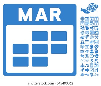 March Calendar Grid icon with bonus calendar and time management pictograph collection. Vector illustration style is flat iconic symbols, cobalt, white background.