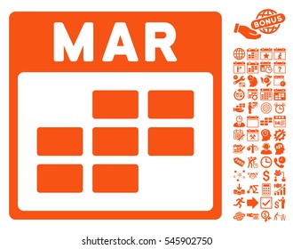 March Calendar Grid icon with bonus calendar and time management pictograph collection. Vector illustration style is flat iconic symbols, orange, white background.