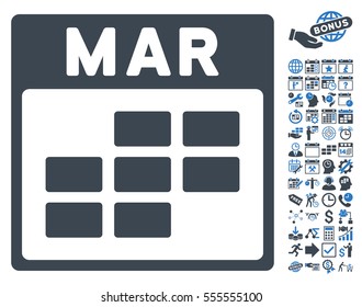 March Calendar Grid icon with bonus calendar and time management design elements. Vector illustration style is flat iconic symbols, smooth blue, white background.