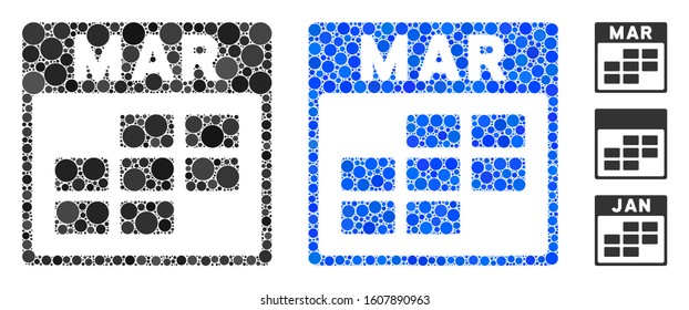 March calendar grid mosaic of filled circles in variable sizes and color hues, based on March calendar grid icon. Vector filled circles are composed into blue mosaic.
