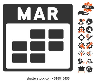 March Calendar Grid pictograph with bonus options pictures. Vector illustration style is flat iconic symbols, orange and gray, white background.