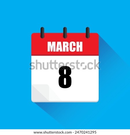 March calendar icon. Date 8 highlighted. Red and white colors. Vector