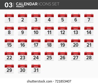 March. Calendar icons set. Date and time. 2018 year.
