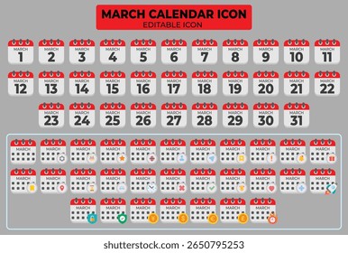 March calendar icons in vector format depicting a month schedule reminder notification
